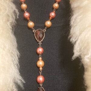 Antique style NECKLACE faux pink and cream Pearls with faux Topaz teardrops